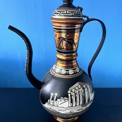 Greek POTTERY Hand Painted Vintage Copper Vase 11.5” Made in Greece Lid Chain