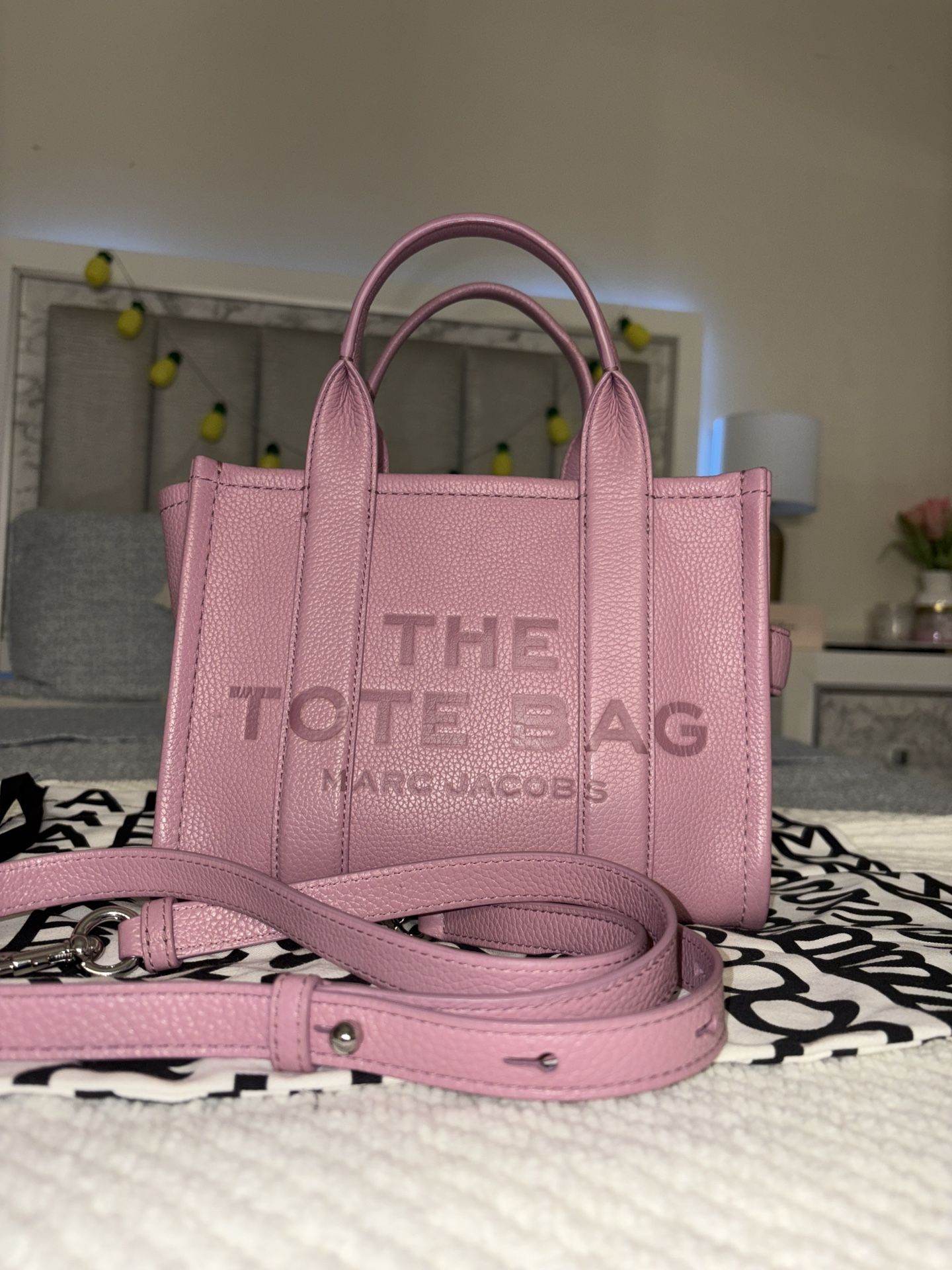 Authentic Marc Jacobs Small Leather Crossbody Tote Bag in the bold and beautiful Ribbon Pink color.