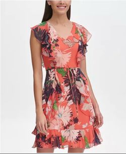 Tommy Hilfiger brand Coral Pink Floral Ruffle Mini Dress