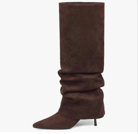 Brand New Size 7 Chocolate Suede Womens Knee High Boots, Fold Over Shark Boots Stiletto Heels Slouchy Long Boot Pointed Toe Thigh High Dress Shoes