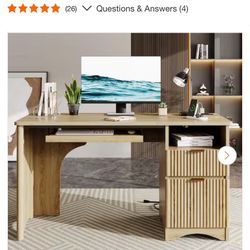 Bestier 55 in. Natural Office Desk with Power Outlets, 2-Storage Drawers and Keyboard Tray