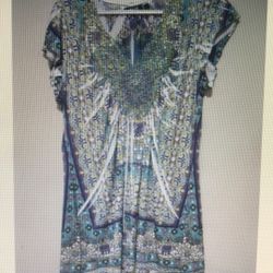 Apt. 9 Womens Large Top Green Purple Cap Sleeve Scoop-V-Neck Pleated Bling Shirt