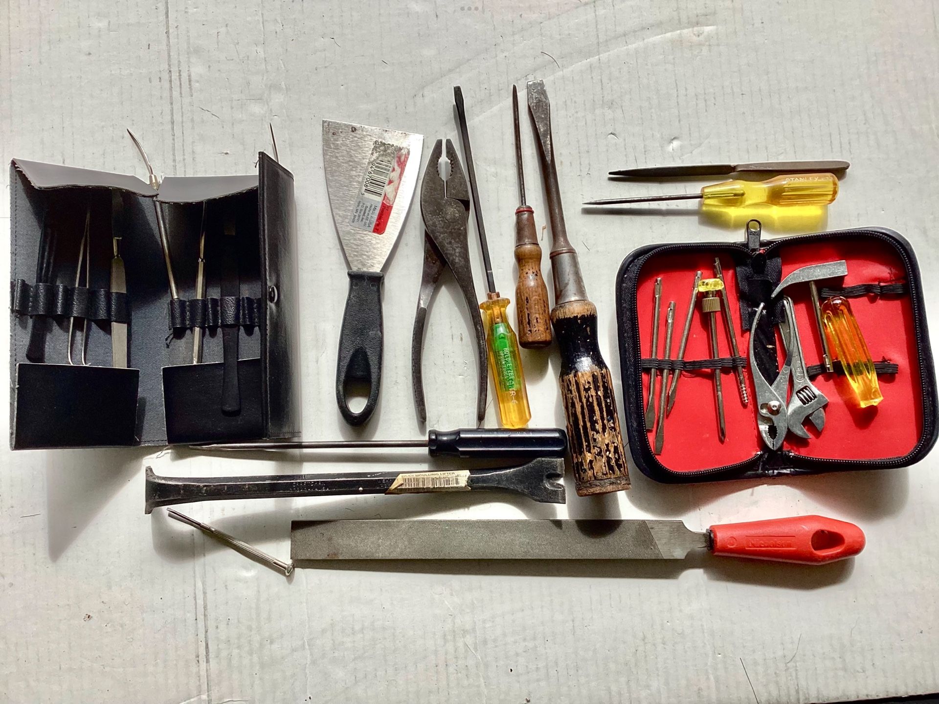 20+ Antique and Vtg. Tools Wood Handle Screwdrivers Moulding Lifter Slip-Joint Pliers, Wrench, Jeweler’s Precision Tool Etc.