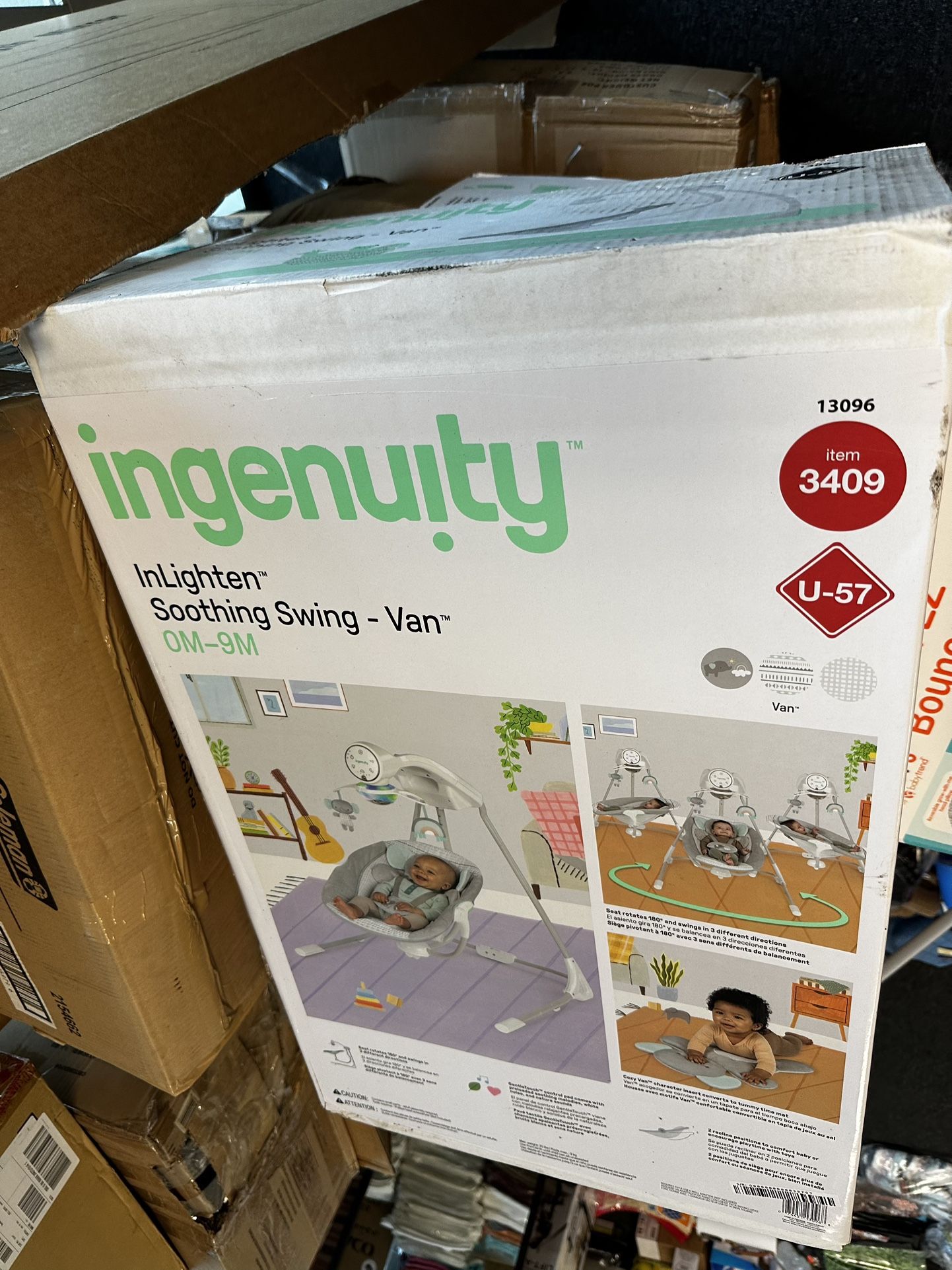 Ingenuity InLighten 5-Speed Baby Swing - Swivel Infant Seat, 5 Point Safety Harness, Nature Sounds, Lights - Van Elephant