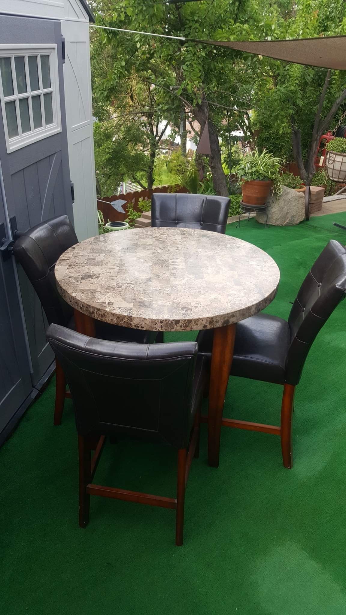 BEAUTIFUL TALL MARBLE TOP TABLE & (4)DARK GREY LEATHER CHAIRS