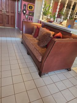 Luxurious Oversized Leather & Wood Couches (2)