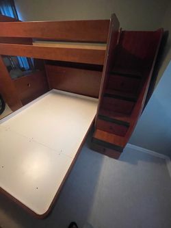 Sturdy twin over full bunk beds with drawer stairs and trundle desk