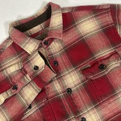 Orvis Bigbear Troutbum Men Large Red Beige Plaid Flannel Button Up Shacket Shirt