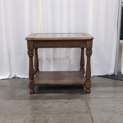 Traditional Brown Wood End Table with Glass Top