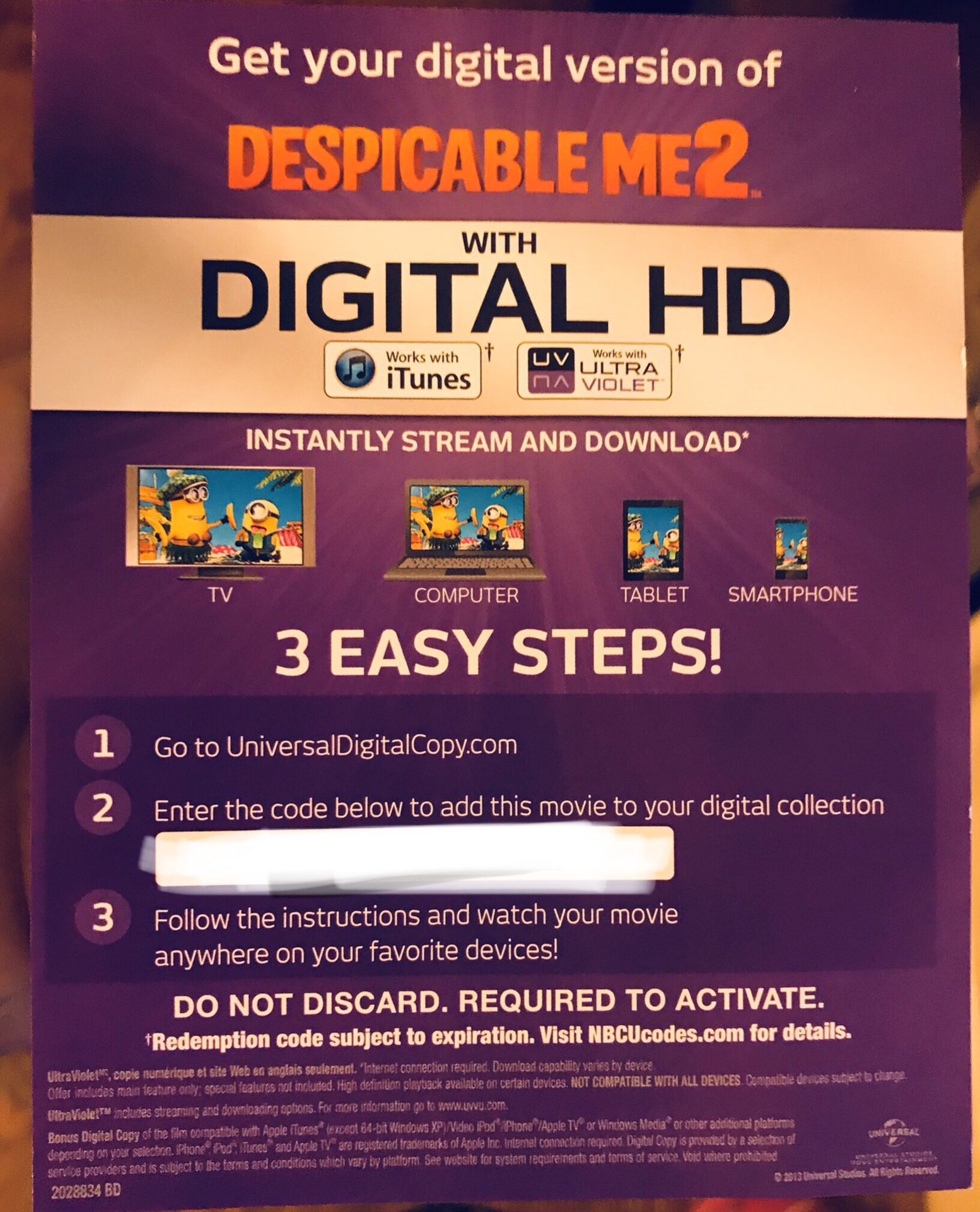 Despicable Me 2 Digital Code
