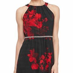 SLNY Red Black Floral Dress With Sequins Size 12 Worn Once