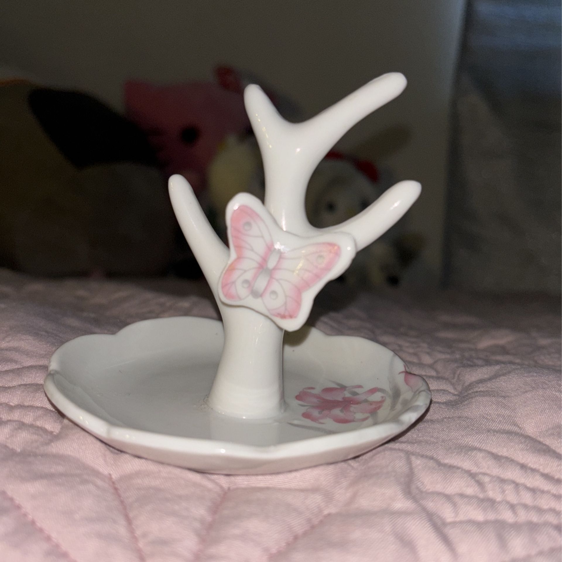 Vintage porcelain Pink butterfly ring holder with flowers 