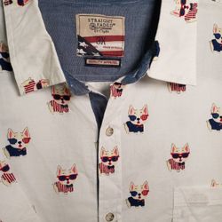3XL Straight Faded Patriotic Dog Theme Short Sleeve Button Up Front Shirt Men's