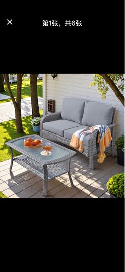 New Augtus Wicker Outdoor Loveseat with Dark Gray Cushions and Iron Frame