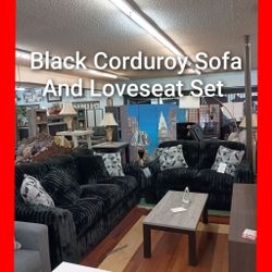 💥 Black Corduroy Sofa And Loveseat Set 