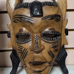 Vintage Hand Carved African Tribal Horned Wooden Mask Wall Art Decor Display
