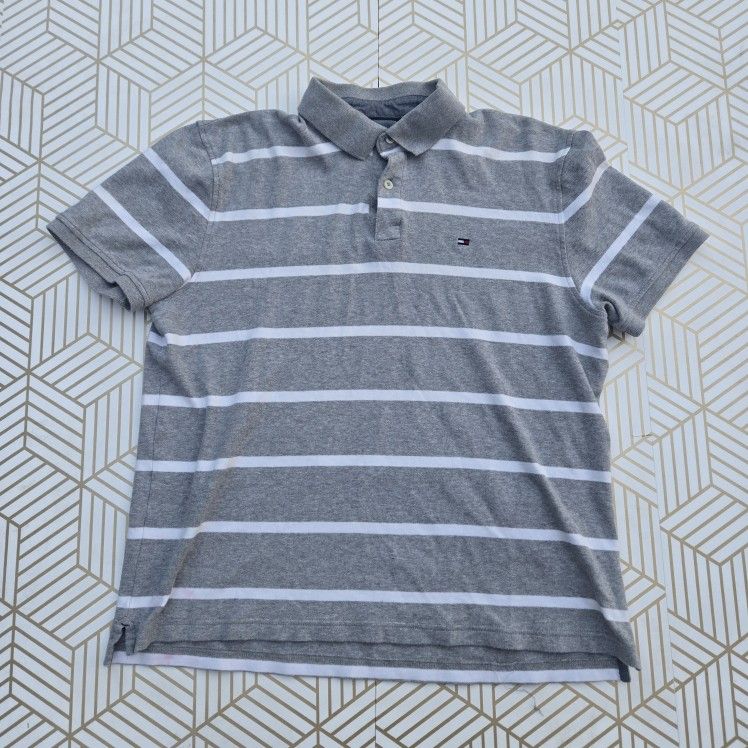 Tommy Hilfiger Men's Striped Polo Shirt Gray White Size Large Logo Embroidered Retro Y2K