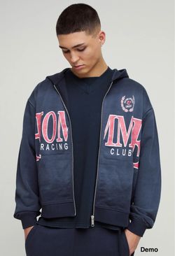 boohooMAN Oversized Boxy Homme Spray Wash Zip Through Loopback Hoodie - Navy (Large)