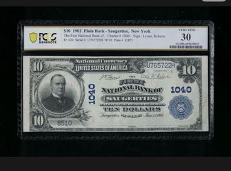 US Currency 1902 $10 Fr624 First National Bank of Saugerties, NY Ch. # 468 PCGS 30