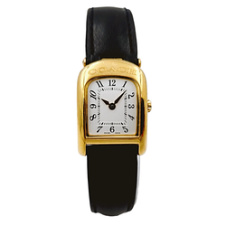 Ladies Coach 19mm Gold Plated Watch with Genuine Black Leather Band and White Dial. (NEW W301)