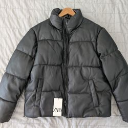 Zara Faux Leather Puffer Jacket - Black