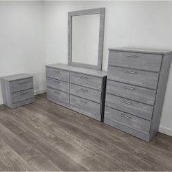 DRESSER WITH MIRROR, CHEST AND ONE NIGHTSTAND 