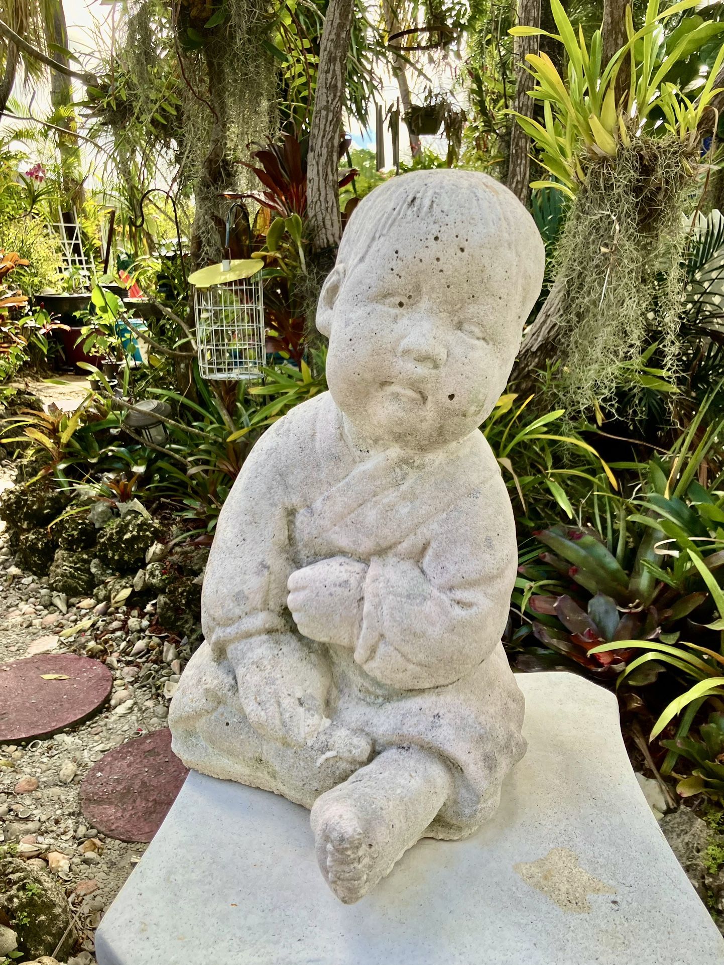 Vintage Concrete Asian Baby Garden Statue: 10”W  x 12”D x 15”