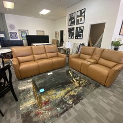 Real Leather Power Reclining Sofa And Love Seat With Adjustable Head Rests