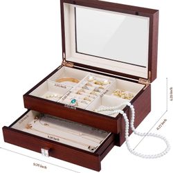 Wooden Jewelry Box Storage Organizer: Necklace Cabinet 2 Layer Earring Display Case Vintage Gift Rings Storage with Glass Window for Women