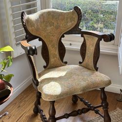 Vintage 19Th Century Oak Hand Carved Chair Wood Antique Accent Chair & Ottoman Floral Tapestry Collectible Statement Accent Decor 