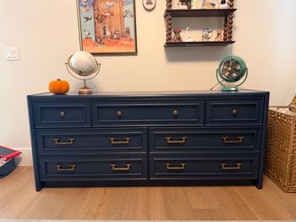 Vintage navy blue dresser purchased from twigs and twine