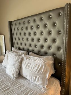 Glam, Aesthetic, Headboard. Platform Bed, Queen, Gray,  Diamond Quilt Design