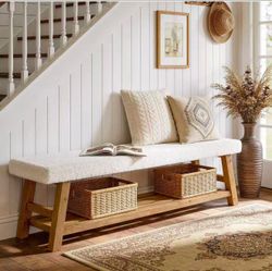 RR0057 55" Upholstered Entryway Bench, 2-Tier Shoe Bench with Solid Wood Frame
