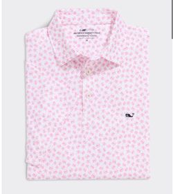 Vineyard Vines Golf Shirt Polo Sun Pink Print Sankaty Medium Blue NWT MSRP $110