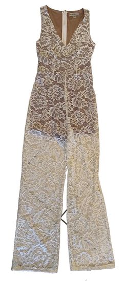 GUESS White Lace Wide Leg Jumpsuit Nude Lining V-Neck Sleeveless XS