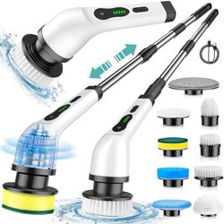 Electric Spin Scrubber, Cordless Cleaning Brush with 2H Power Dual Speed, Adjustable Extension Handle 9 Replaceable Brush Heads, IPX7 Waterproof for B