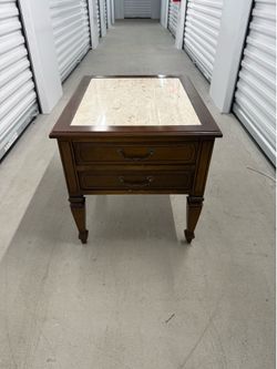 Vintage Mid-Century Two Drawer Marble Top End Table (21 x 26) - One Available