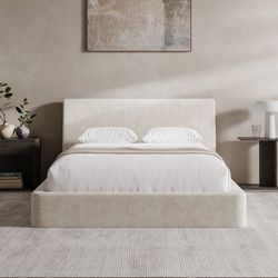 Full Size Bed Frame With Ergonomic Angled Foam Cushioned Headboard, Minimalist Design Platform Bed Frame, No Box Spring Needed, Easy Assembly (Beige)