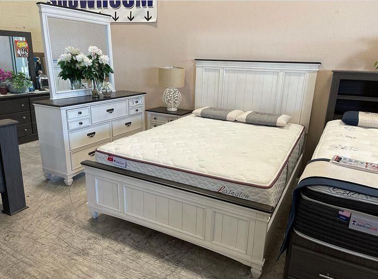 Brand New/, Sawyer Antique White/Brown Panel Bedroom Set/Dresser,mirror, Bed Nightstand// Queen And King Size Available, Mattress Sold Separately