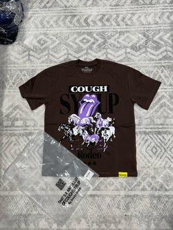 That's a awful lot of cough syrup tee with purple Rolling Stones tongue graphic with horses