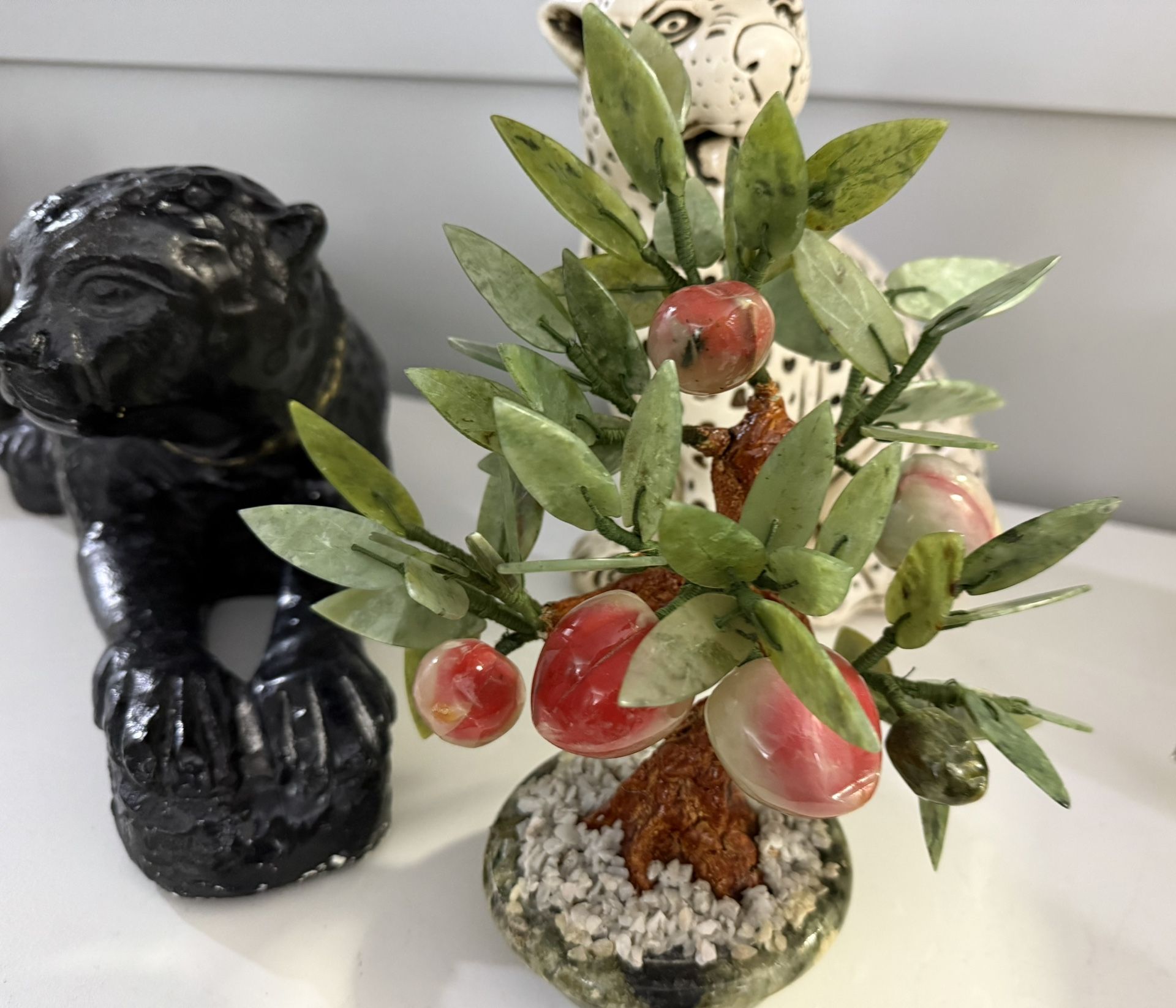 Vintage Asian Chinese Bonsai Tree Jade Leaf Fruit Peach in Jade Planter. READ FOR MEASUREMENTS