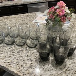 15 Pieces - Matching Set Of Glasses- 7 Water/ Beer glasses 8 Stemless wine glasses Smoky Black 