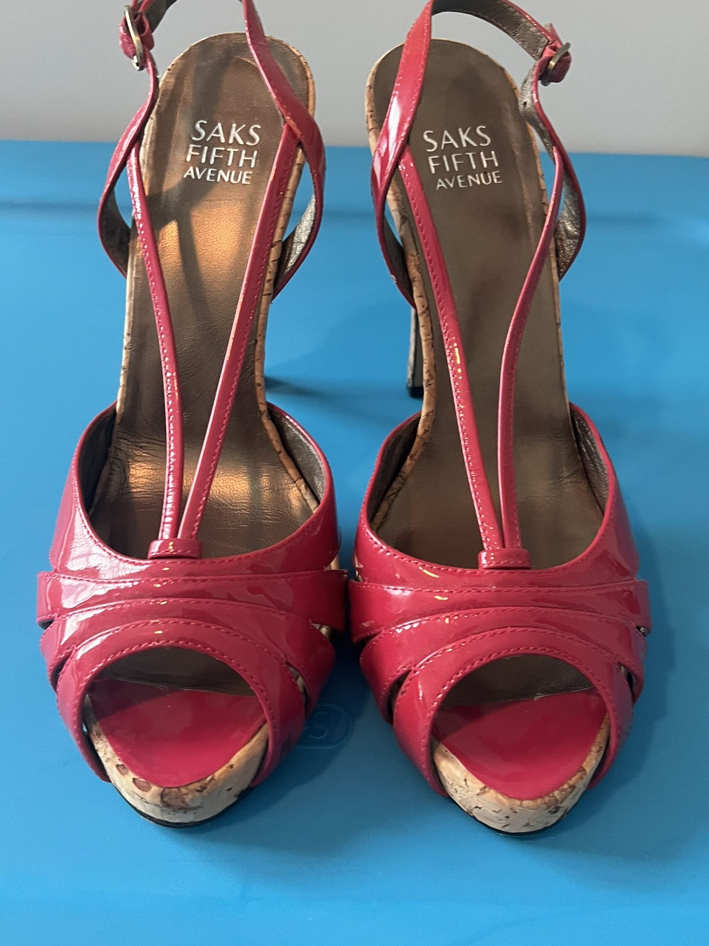 Saks Fifth Avenue Pink Patent Leather Cork Heel Sandals
