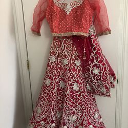 Gorgeous Peach/Pink Ombré Indian Outfit With Diamond work (Blouse, Skirt And Duppatta)