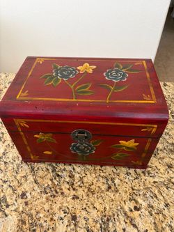 Painted Red Floral Wooden Chest