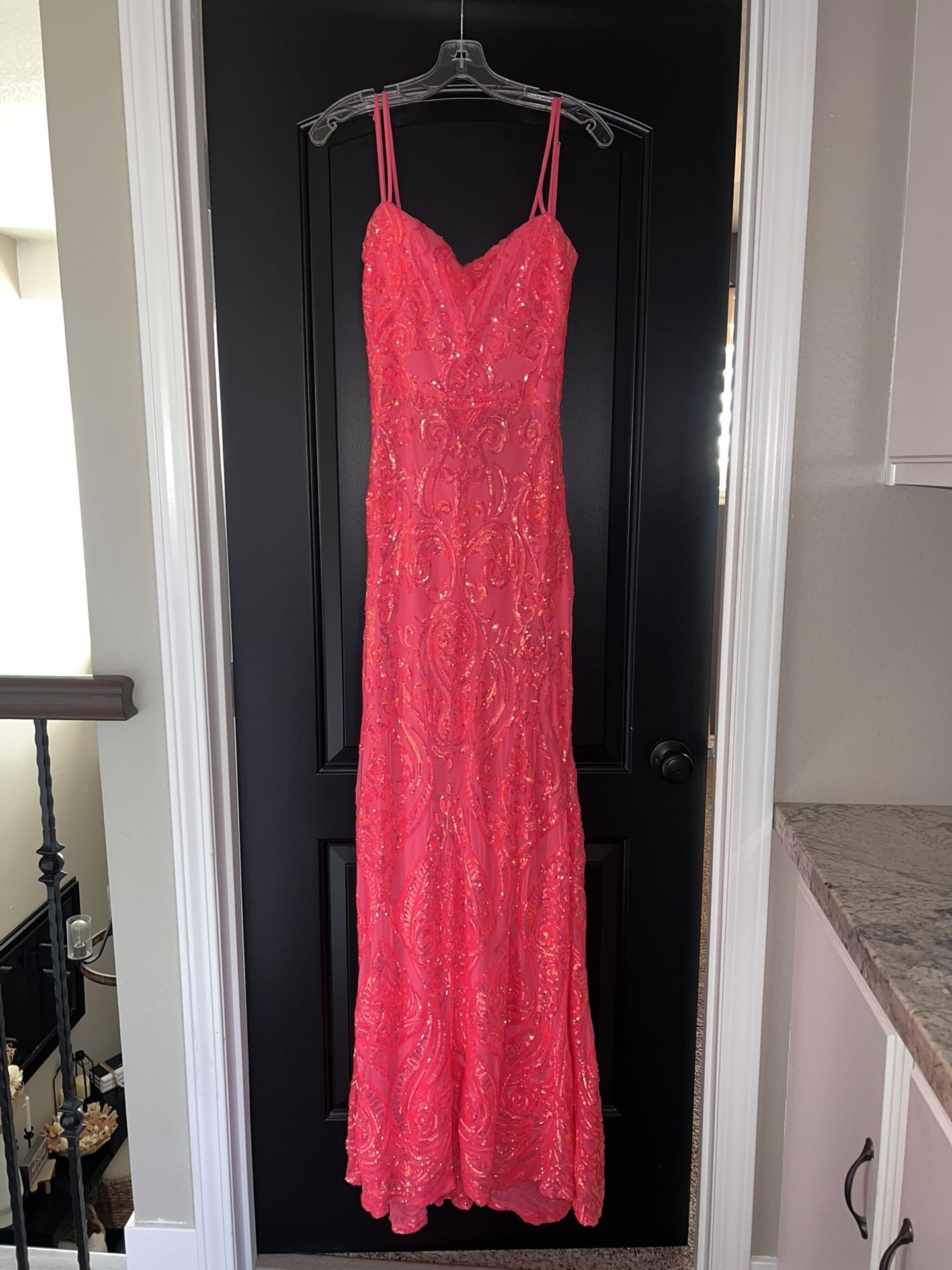 Formal Long Coral Sequin Dress 
