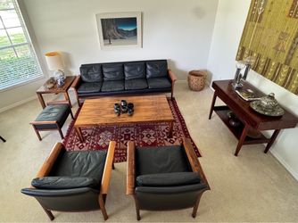 Danish Mid Century Modern Saeter/Olsen Style Black Leather Rosewood Living Room Set