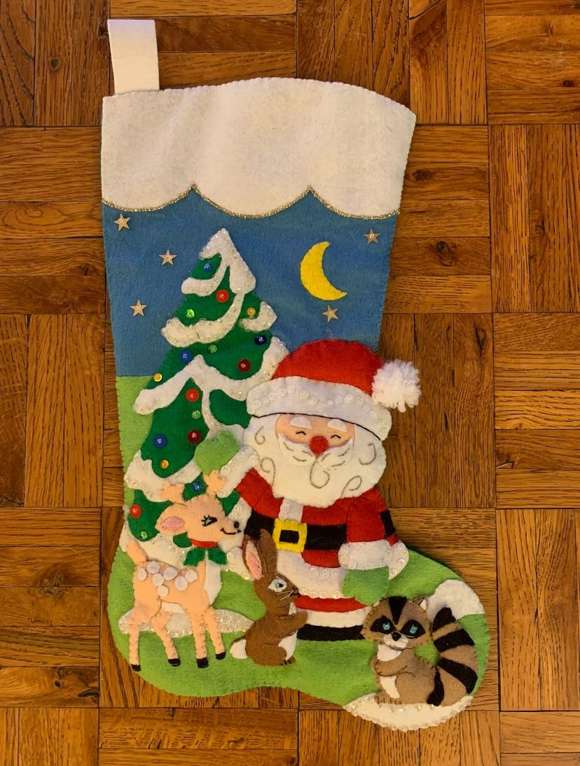 Bucilla Santa Deer Animal Trees Deer Rabbit Raccoon Sock Felt Appliqué Sequin Bead Christmas Stocking Kit hand made, lined 