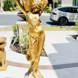 Rare Gold Lady Statue & Plant Pot On Top 