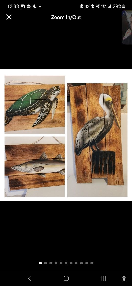 Artwork Sea Turtle, Fish And Pelican On Wood